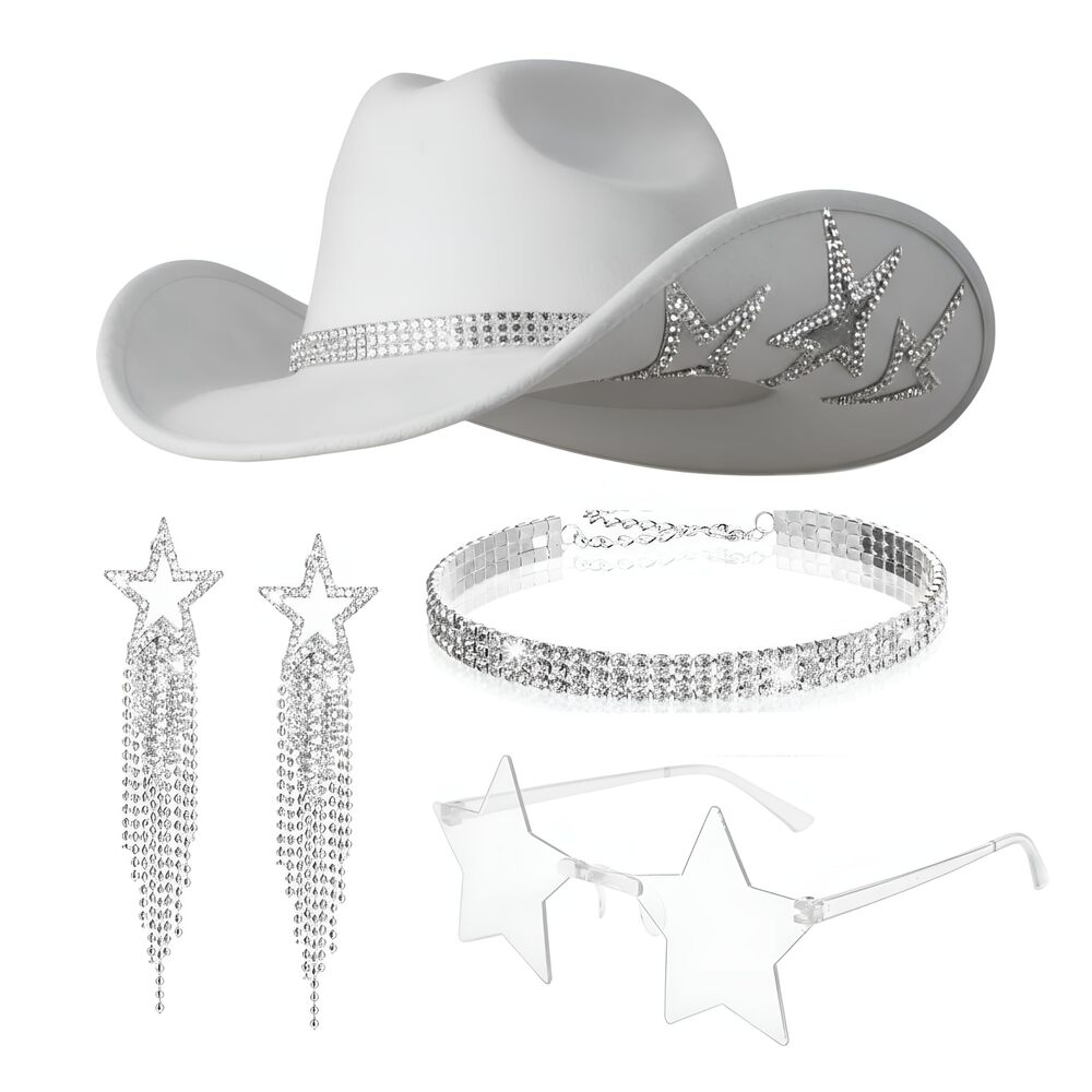 2209 4 Pcs Cowgirl Hat Necklace Earrings Star Sunglasses Set Western